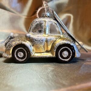 Christmas Ornament VW Beetle Gold and Silver Holiday Car Skies Wreath